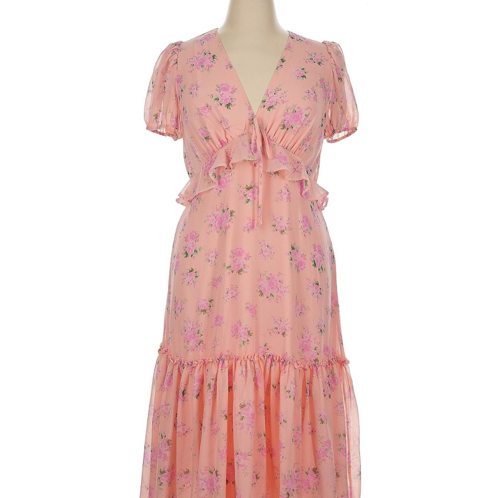 Pink Tiered Maxi Dress with Puff Sleeves